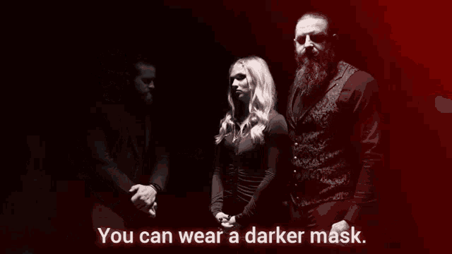 a man and a woman are standing next to each other with the words " you can wear a darker mask " on the bottom