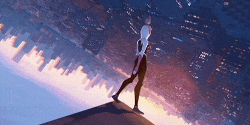 a woman in a superhero costume is standing on a ledge overlooking a city