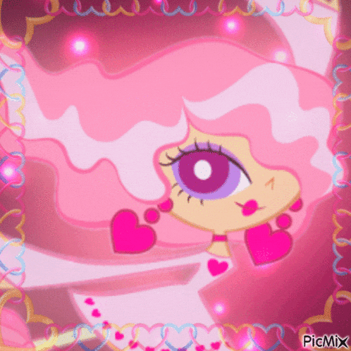 a picture of a girl with pink hair and hearts on her ear