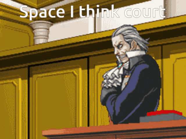 a pixelated image of a man in a courtroom with space i think court written above him