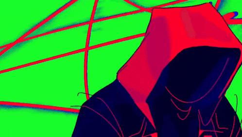 a drawing of a person wearing a hoodie with a red hood on a green background .