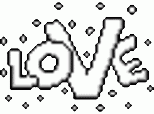 the word love is written in a pixel art style