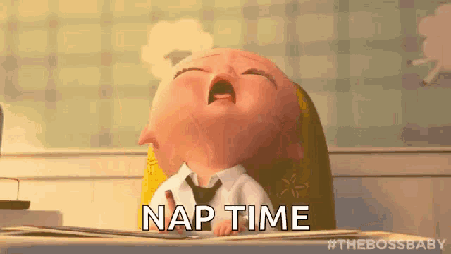 a cartoon baby is sitting at a desk with his mouth open and the words `` nap time '' written above him .