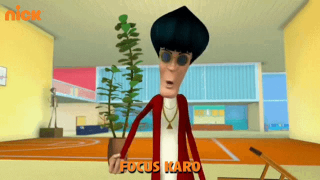 a cartoon character named focus karo is in a room