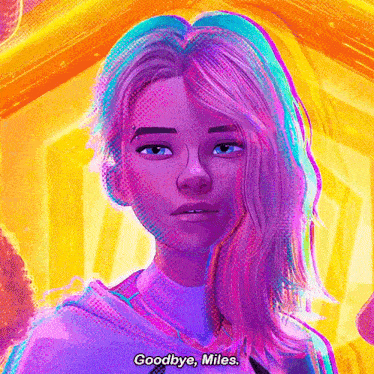 a painting of a woman with purple hair and the words goodbye miles