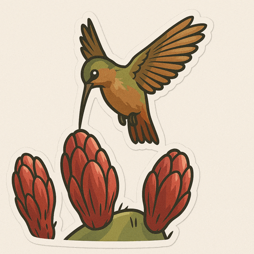 a hummingbird is perched on top of a cactus with red flowers