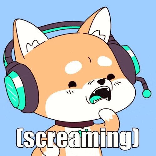 a cartoon of a dog wearing headphones with the word screaming written below it