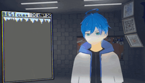 a blue haired anime character stands in front of a best chat sign