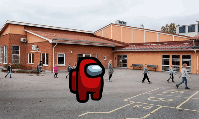 a red among us character is in front of a school
