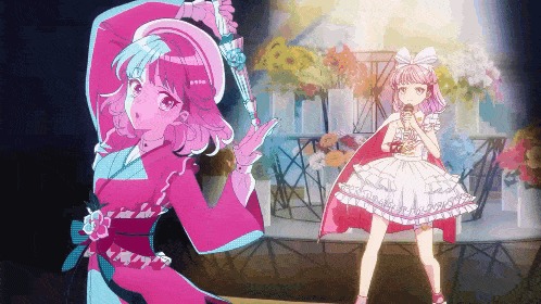 a girl in a pink dress is holding an umbrella and a girl in a white dress is singing into a microphone