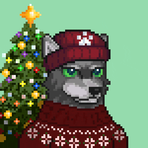 a pixel art illustration of a wolf wearing a red hat and sweater