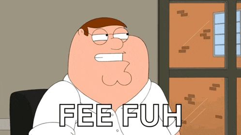 a cartoon character says fee fuh in front of a brick building