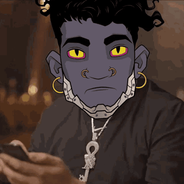 a cartoon drawing of a man with purple hair