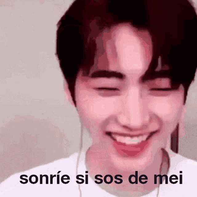 a young man is smiling with the words sonrie si sos de mei behind him