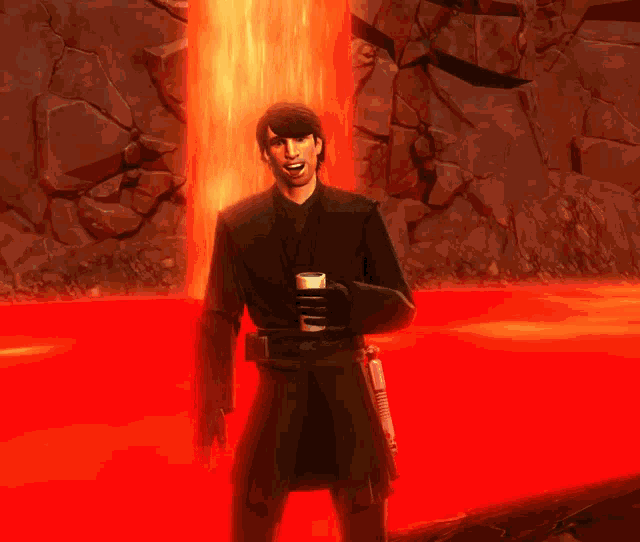 a man in a black robe is standing in front of a lava flow
