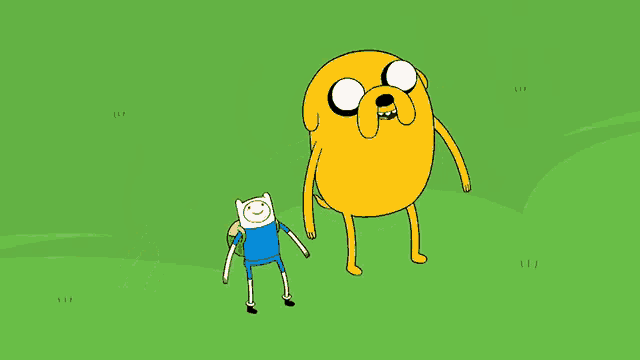 a cartoon character named finn is doing a handstand next to a yellow dog