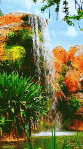 a waterfall is surrounded by rocks and plants and has a watermark that says ' akler ' on it