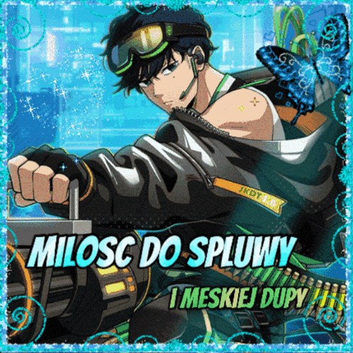 a cartoon of a man with a gun and the words miłosc do spluwy