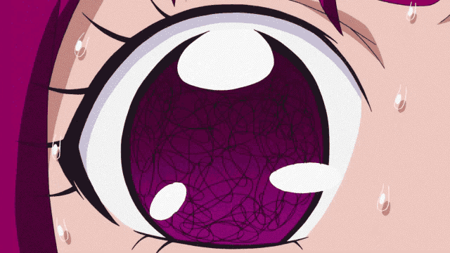 a close up of a cartoon character 's eye with sweat drops on it