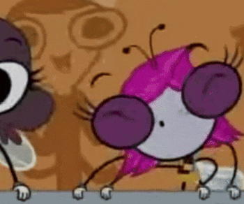 a cartoon of a fly with pink hair and big eyes