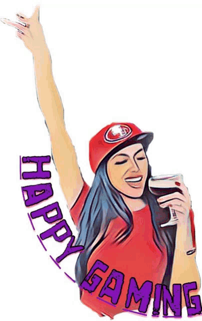 a cartoon drawing of a woman holding a glass and the words happy gaming