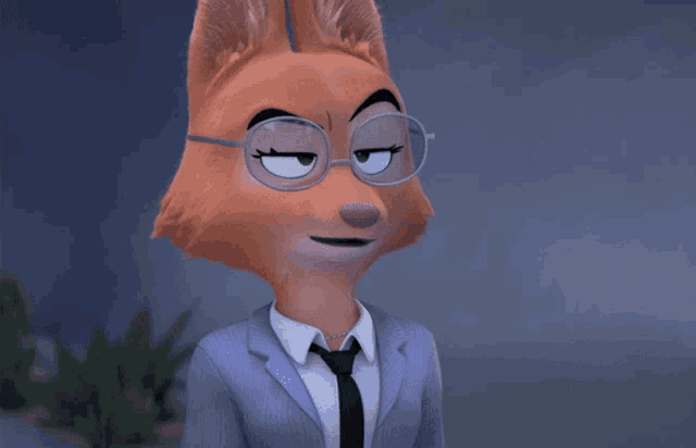 a cartoon fox wearing glasses and a purple suit and tie