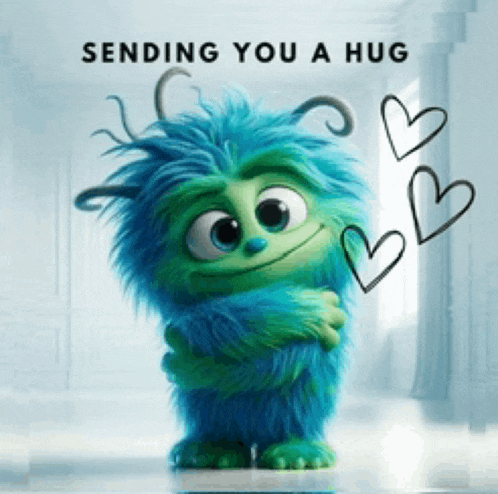 a picture of a monster hugging with the words " sending you a hug " above it