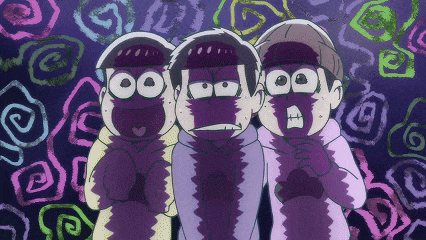 three cartoon characters are standing next to each other with their faces painted purple and the words " oo " written on them
