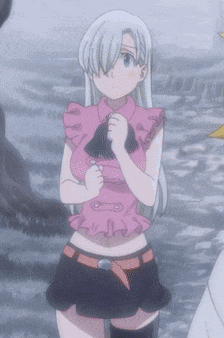 a girl with white hair wearing a pink shirt and black shorts