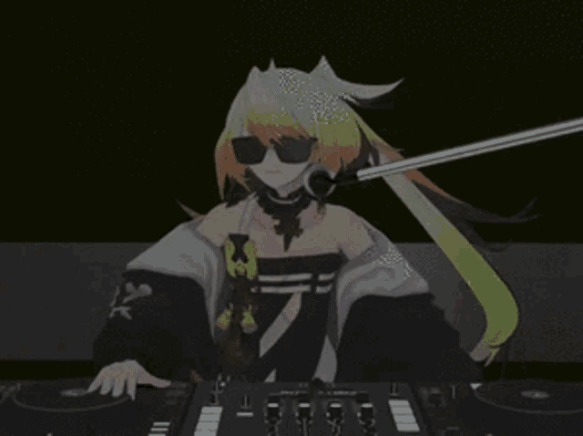 a girl wearing sunglasses is sitting at a turntable with a microphone