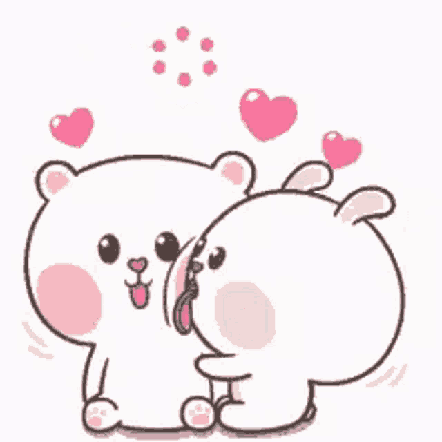 a bear and a rabbit are kissing each other with pink hearts .