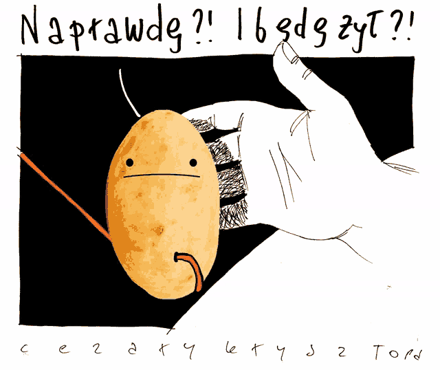 a drawing of a hand holding a potato with the words naprawde 16 sdg zyt written above it