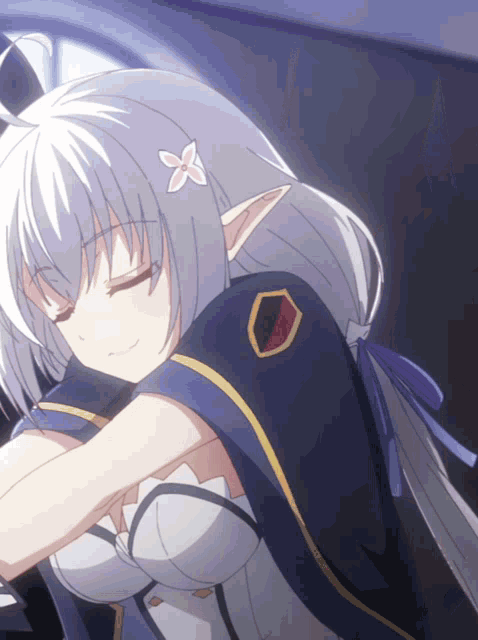 a girl with white hair and a flower on her ear is wearing a blue cape