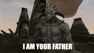 a video game character says i am your father in front of some buildings
