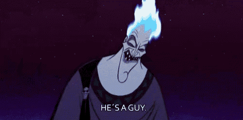 a cartoon character from the movie hercules is screaming and saying `` he 's a guy . ''