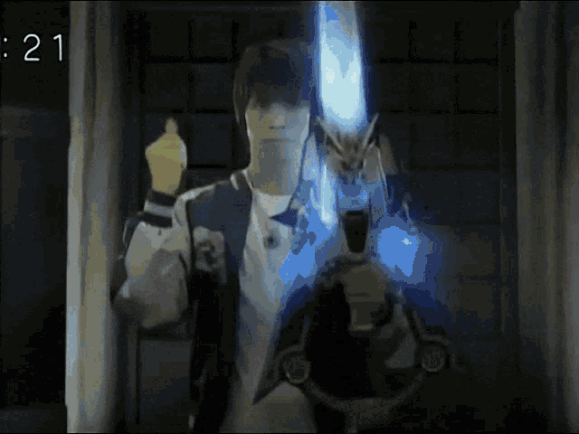 a man is holding a sword in front of a screen that says 21