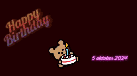 a cartoon of a teddy bear holding a birthday cake with a candle and the words happy birthday behind it