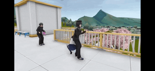 a couple of people are standing on a balcony with a mountain in the background