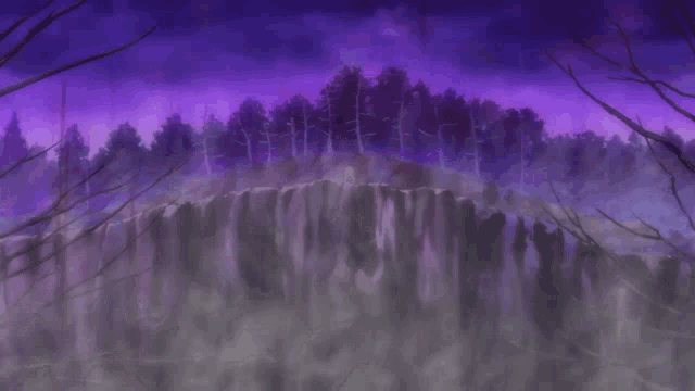 a painting of a forest with a purple sky and trees in the background