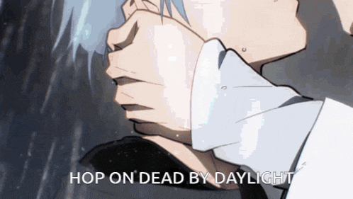 a picture of a person with the words hop on dead by daylight written on it
