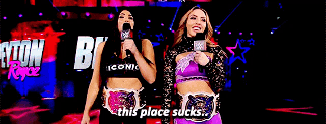 two women are standing next to each other and one of them says this place sucks ..