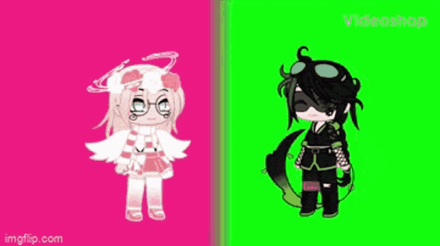 a pink and green background with two anime characters standing next to each other .