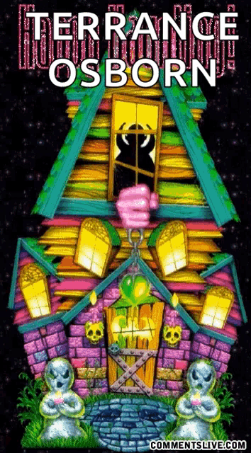 a poster for terrance osborn shows a haunted house with cotton candy in the window