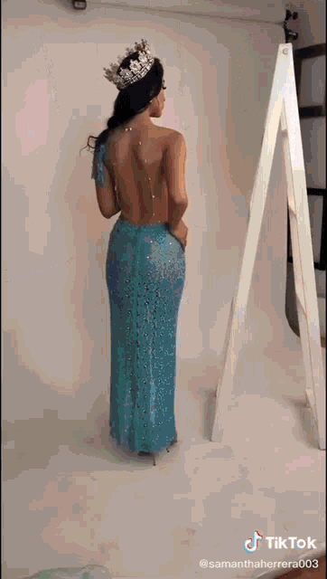 a woman wearing a crown and a blue dress is standing in front of a white ladder .