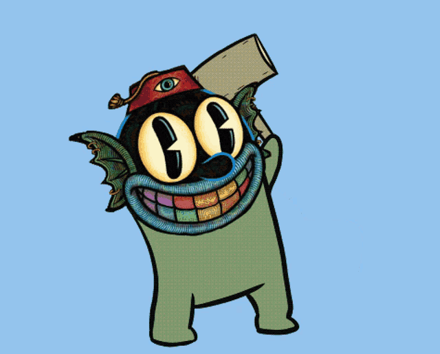 a cartoon character is holding a wooden hammer and wearing a red hat