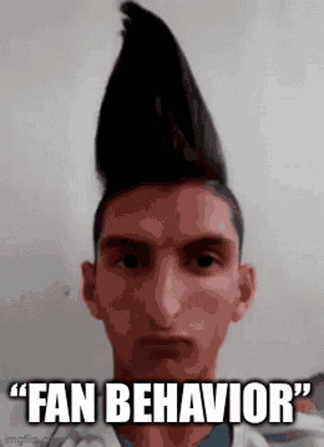 a man with a mohawk and the words `` fan behavior '' written on his face