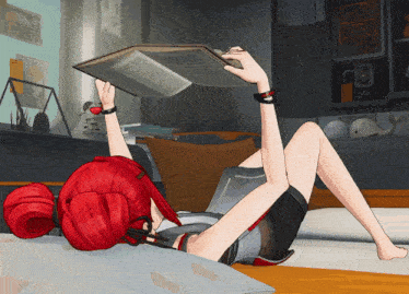 a girl with red hair is reading a book while laying on a bed