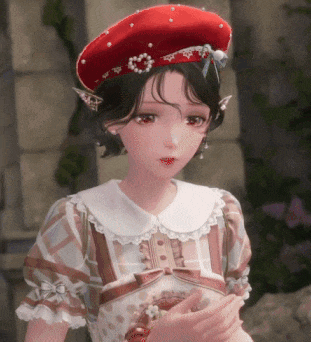 a girl wearing a red hat and a dress