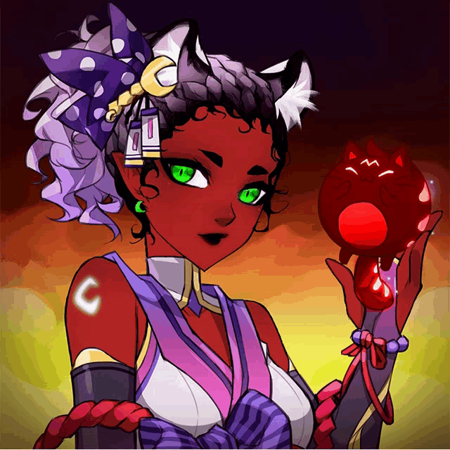 a cartoon drawing of a woman with green eyes holding a red object with the letter c on her arm