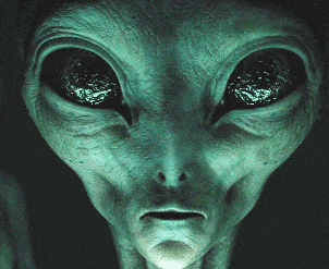 a close up of an alien 's face with a serious look on his face
